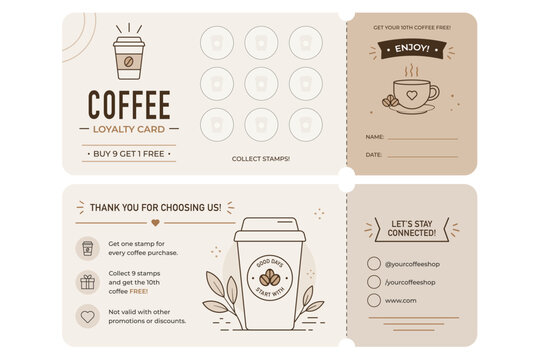 Coffee loyalty card template with stamp slots and promotion text for cafe reward program marketing