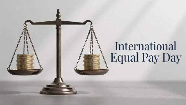 A balanced scale with coins on both sides sits on a desk. This composition represents wage equality for International Equal Pay Day campaigns.
