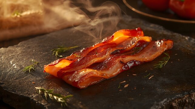 Crispy Fried Bacon Strips Sizzling with Steam on Dark Slate Plate