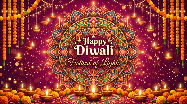 Happy diwali festival of lights background with glowing oil lamps and intricate mandala pattern
