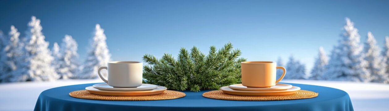 Christmas outdoor breakfast table surrounded by snowy trees, evergreen centerpiece, warm beverages and ceramic dishes, peaceful winter morning, realistic festive photography