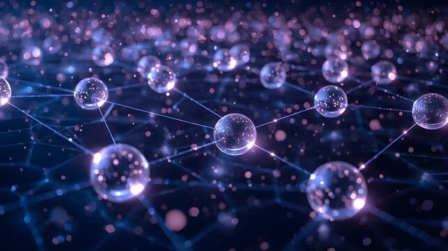 Abstract Glowing Glass Orbs Network with Purple and Blue Light Trails