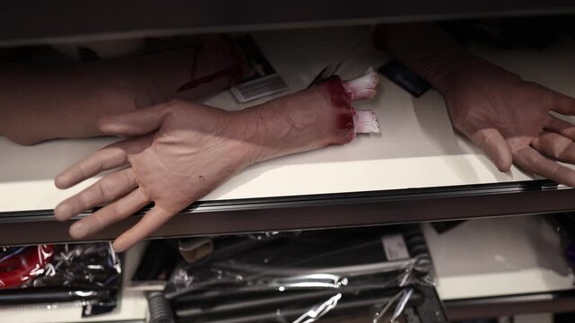 Severed fake hands with exposed bones and bloody wounds lie on a store shelf creating a disturbing Halloween horror display with realistic props for a spooky party theme