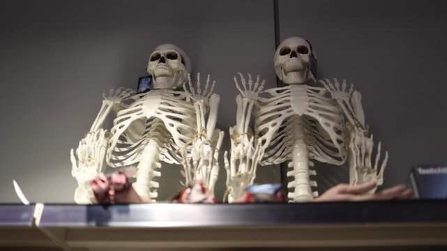 Halloween skeleton decorations with raised hands stand on a store shelf beside creepy body props creating a frightening horror display for seasonal party shoppers indoors