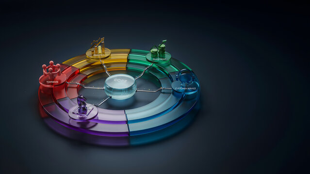 Abstract circular color wheel with miniature business icons and central hub