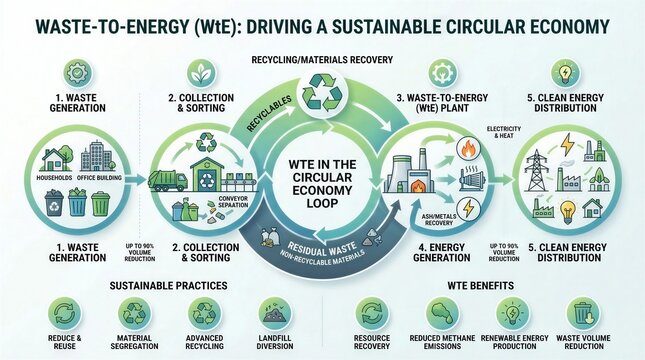 Infographic showing waste-to-energy process in circular economy. Waste generation, collection, energy plant, distribution and benefits illustrated. Renewable energy, sustainability