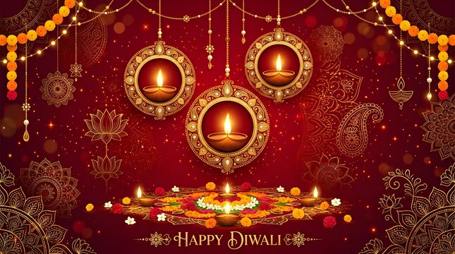 Happy diwali greeting card with hanging oil lamps and colorful floral rangoli on a festive red background