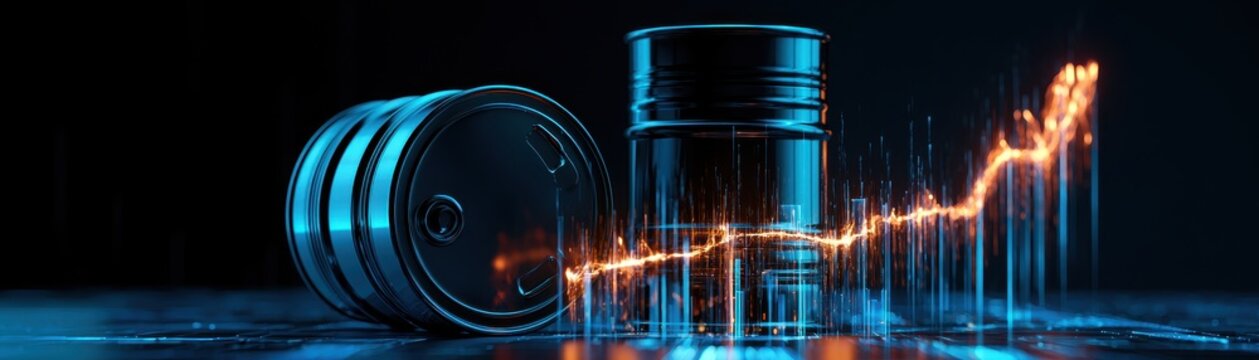 Energy cost inflation, gasoline barrel connected to ascending digital graph, futuristic clean business visualization