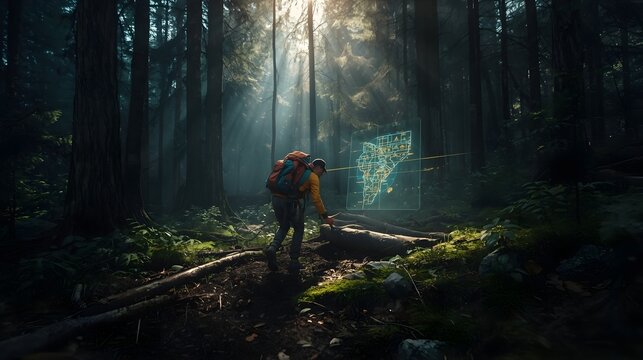 Future Navigation Concept with Backpacker and Hologram GPS Map in Forest
