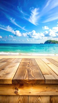 A wooden table in the foreground overlooks a tropical beach and turquoise ocean under a bright blue sky with clouds.