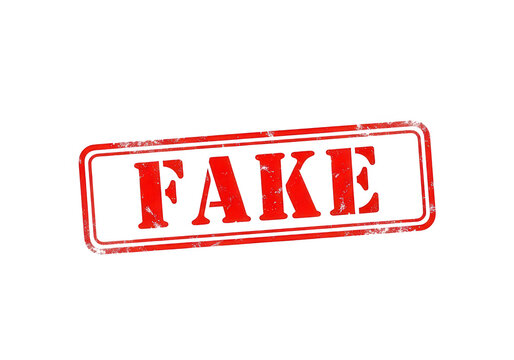 Red fake rubber stamp on white background, weathered grunge fake seal, rectangular ink stamp for fraud and misinformation concepts