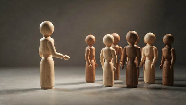 A single wooden mannequin figure addressing a small group of smaller dolls