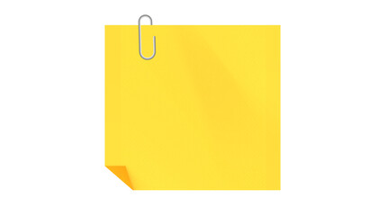 Yellow square sticky note paper attached with silver paperclip isolated on transparent background © Ayush