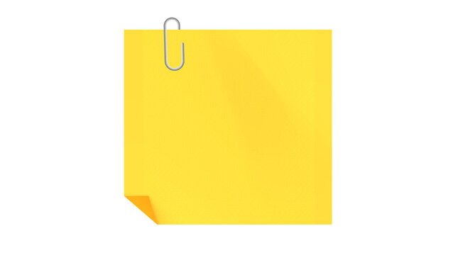 Yellow square sticky note paper attached with silver paperclip isolated on transparent background
