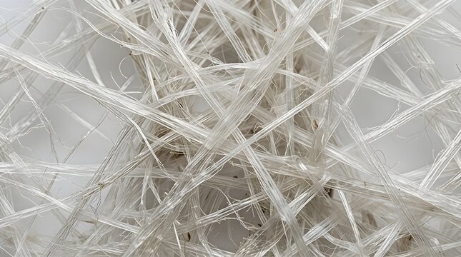 Macro view of white synthetic fiberglass strands background.