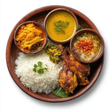 Sri Lankan lunch menu with rice chicken curry dhal isolated on a white background