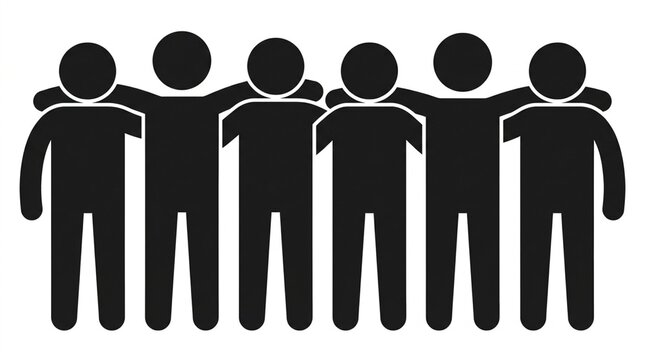 Row of diverse stick figures embracing each other shoulders representing solidarity equality collaboration and strong social community