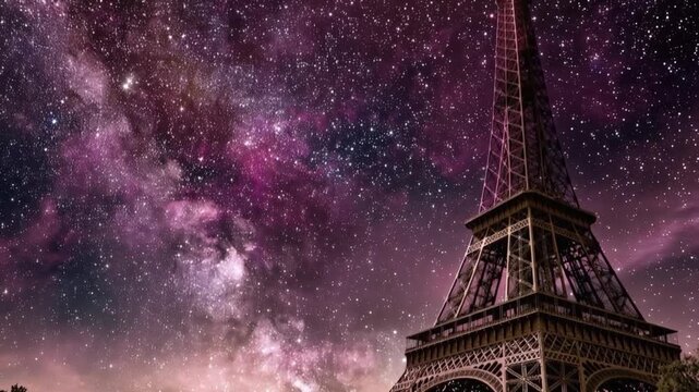 The Eiffel Tower stands majestically against a breathtaking backdrop of a vibrant, star-studded night sky. ..Created with Generative AI, not depicting real subjects.