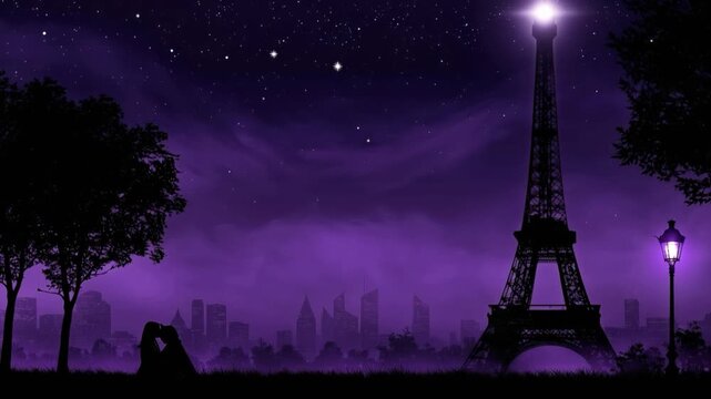 A romantic silhouette of a couple kissing in front of the Eiffel Tower at night. ..Created with Generative AI, not depicting real subjects.