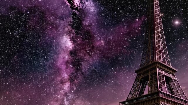 The iconic Eiffel Tower stands tall against a breathtaking cosmic backdrop. ..Created with Generative AI, not depicting real subjects.