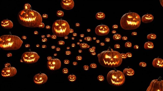 Floating glowing jack-o-lantern pumpkins on black background for Halloween party backdrop