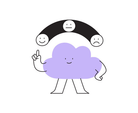 Vector illustration of a cloud character pointing to a mood scale from happy to sad. Ideal concept for mood trackers, emotional intelligence, and mental health apps. Modern line art icon.