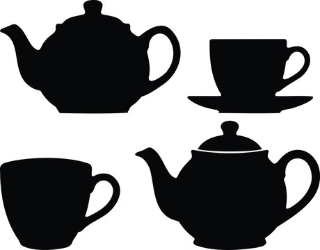 Black silhouette icons of teapots and tea cups