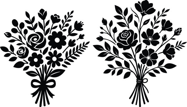 Two flower bouquets with leaves and ribbons