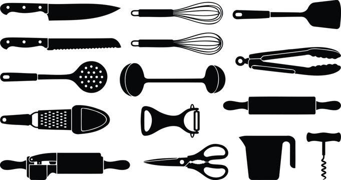 Black silhouette collection of various kitchen utensils
