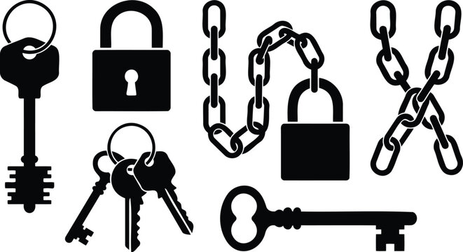 Set of black padlock key and chain icons