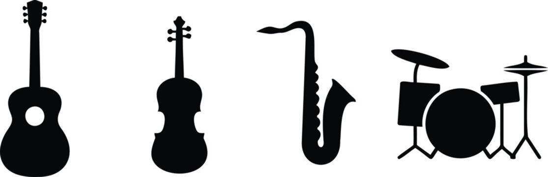 Set of black musical instrument silhouettes