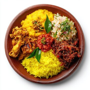 lunch menu with rice chicken curry dhal and pol sambal isolated on a white background 