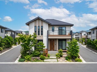 Fototapeta premium 晴れた日差しが心地よい青空の下にある最新の一戸建て住宅