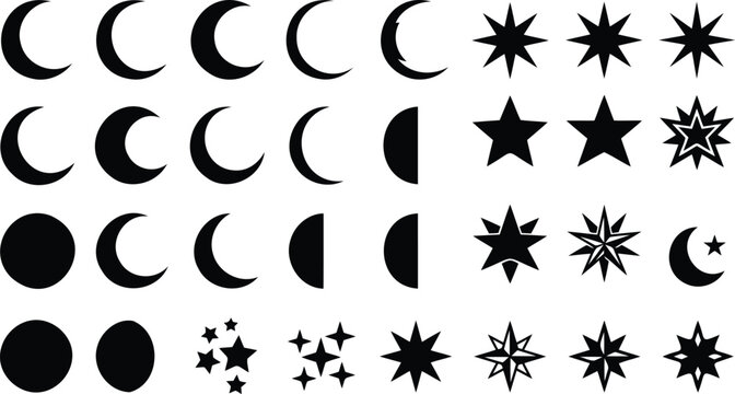 Set of black moon phases and various star icons