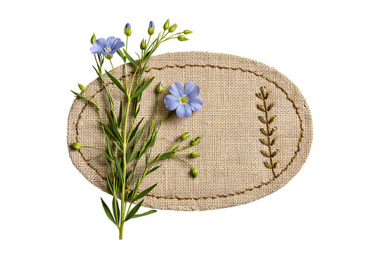 Blue flax flowers with linen fabric label and embroidery isolated on transparent background