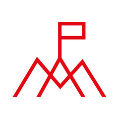 Fototapeta premium Red line art icon depicting a mountain peak with a flag, symbolizing achievement, success, goal setting, leadership, and reaching the top in a minimalist style.