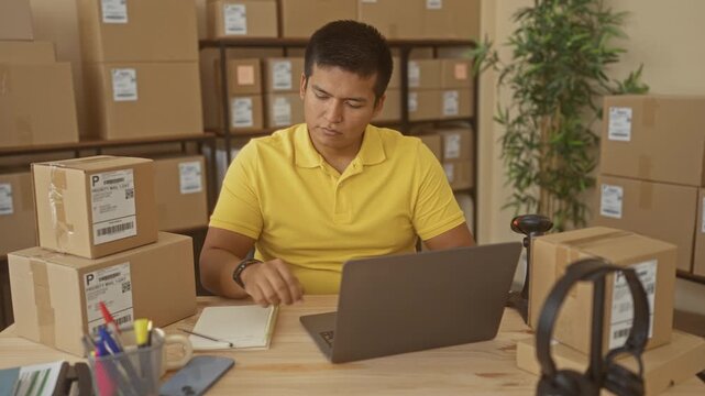 Man writing in notebook by laptop and stacked shipping boxes inside building; entrepreneurial focused productivity.