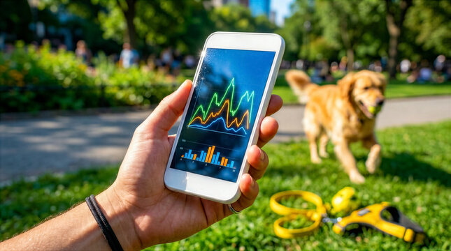 Hand holding smartphone showing financial charts in park. Investment, trading, finance, technology, outdoor.