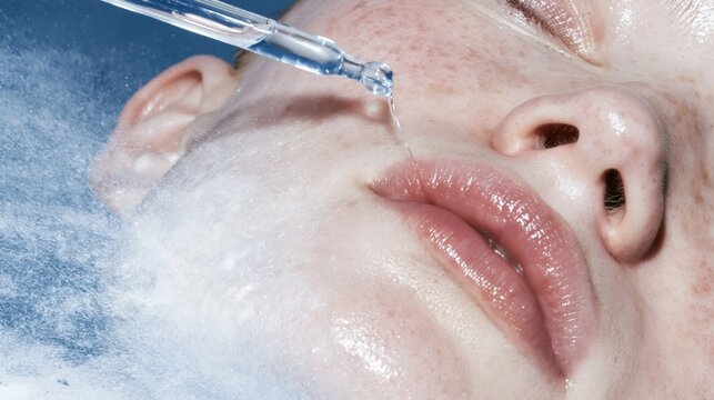 Woman receiving a serum drop from a glass dropper, featuring dewy skin and wet lips for luxury skincare and beauty advertising