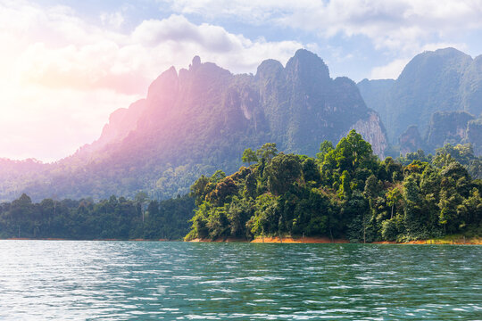 Aerial view of khao sok national park in thailand with lush green landscape and mountains