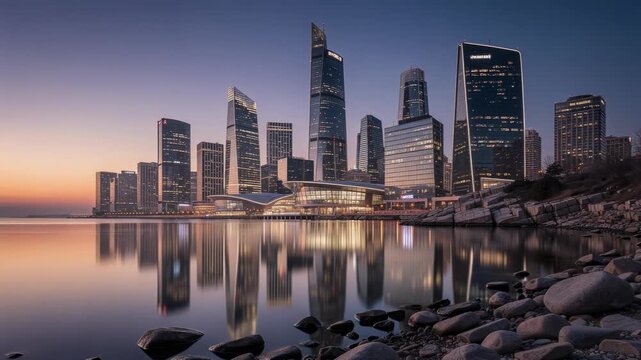 Stunning city skyline at dusk reflecting on calm water with vibrant colors and peaceful evening atmosphere