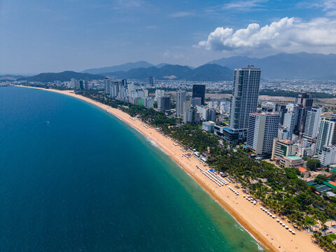 Aerial view Nha Trang Vietnam coastal skyline at with vibrant colors and urban beach scape