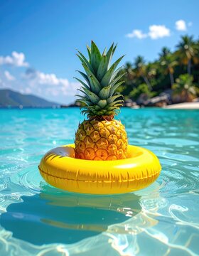 A pineapple floats in a turquoise ocean on a yellow inflatable ring.