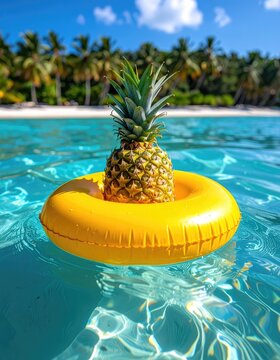 A pineapple floats in clear blue water on a yellow inflatable ring, with a tropical beach and palm trees in the background.