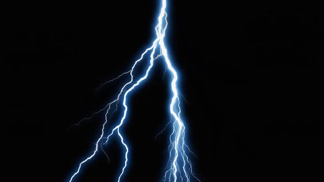 Brilliant White Blue Branching Lightning Bolt on Black Background