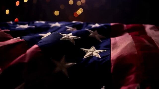 Close-up macro shot of the American flag, with stars and stripes in sharp focus and bokeh lights in the background. ..Created with Generative AI, not depicting real subjects.