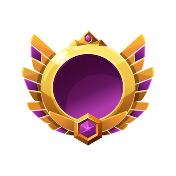 Gold and purple game badge frame with wings and gem isolated on transparent background