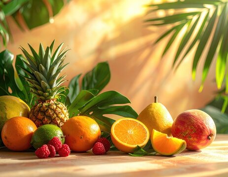 A vibrant assortment of tropical fruits bathed in warm, dappled sunlight.