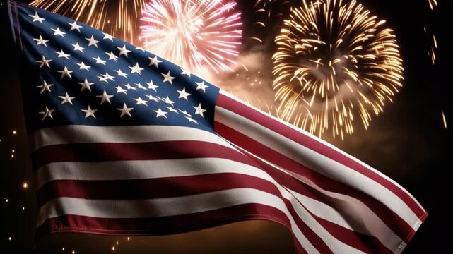 The American flag waves majestically against a backdrop of brilliant fireworks, symbolizing national pride and celebration. ..Created with Generative AI, not depicting real subjects.