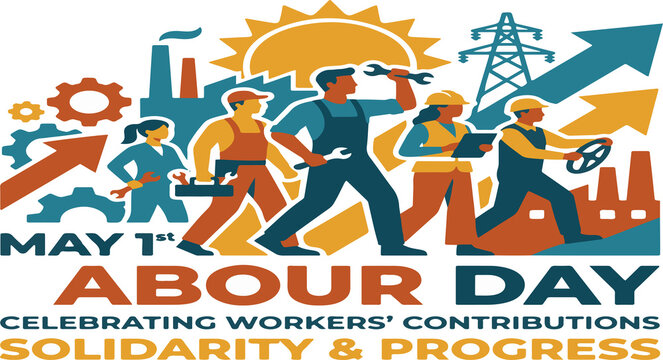 Workers marching forward in a modern vector graphic honoring May 1st Labour Day celebration. Illustrations